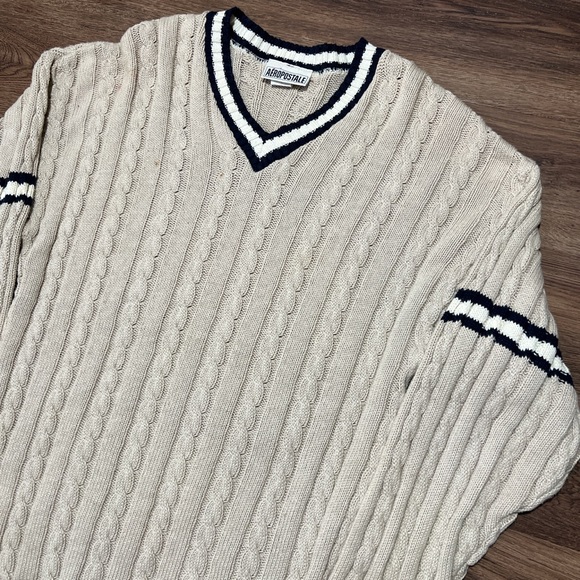 Mens small vintage y2k Aeropostale cable v-neck sweater pullover cream stripe - Picture 6 of 6
